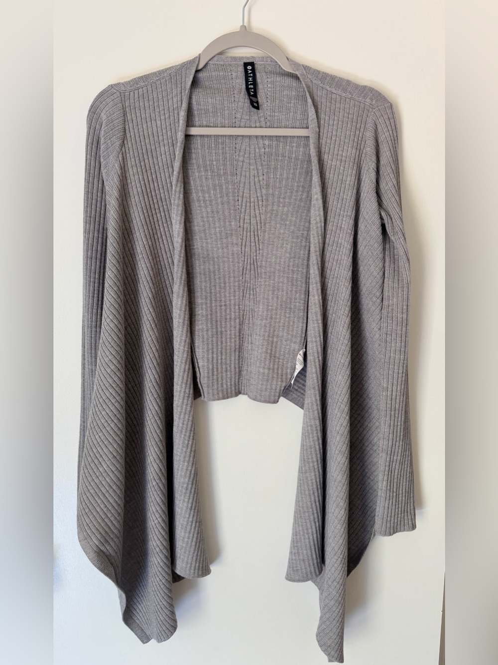 Athleta Gray Ribbed Draped Open Front Cardigan – Size XS, Merino Wool Blend